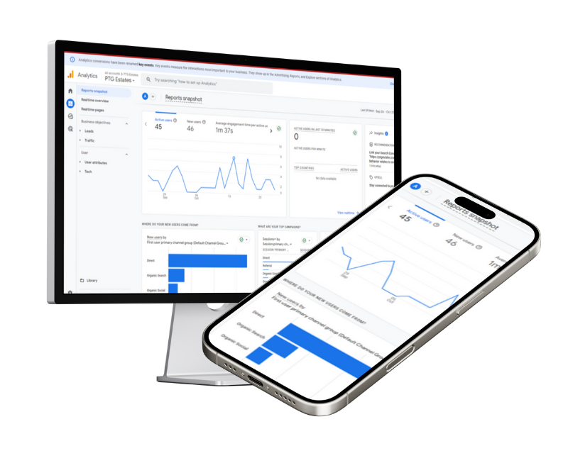 A phone in front of a mac pc with analytics on the screens.